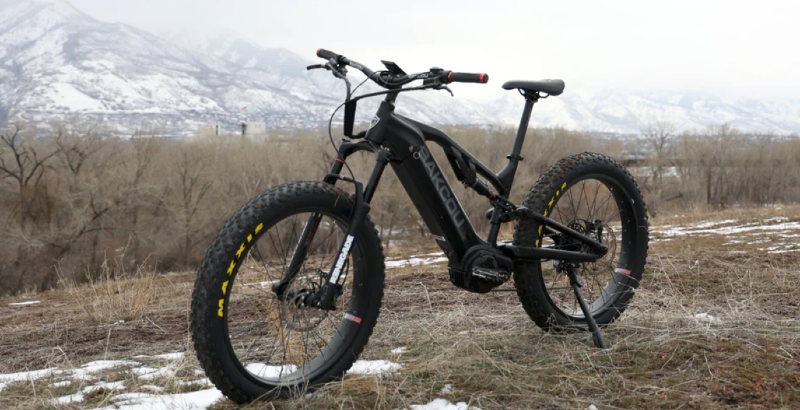 Close-up of Bakcou electric mountain bike in snowy field with mountains behind — luxury outdoor e-bike gift for adventurers.