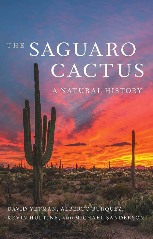 Book cover of The Saguaro Cactus: A Natural History showing towering saguaros silhouetted against a vivid desert sunset.