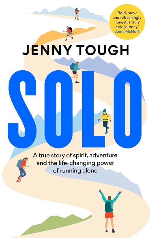 Cover of Solo by Jenny Tough, showing illustrated runners following a winding trail through mountains.