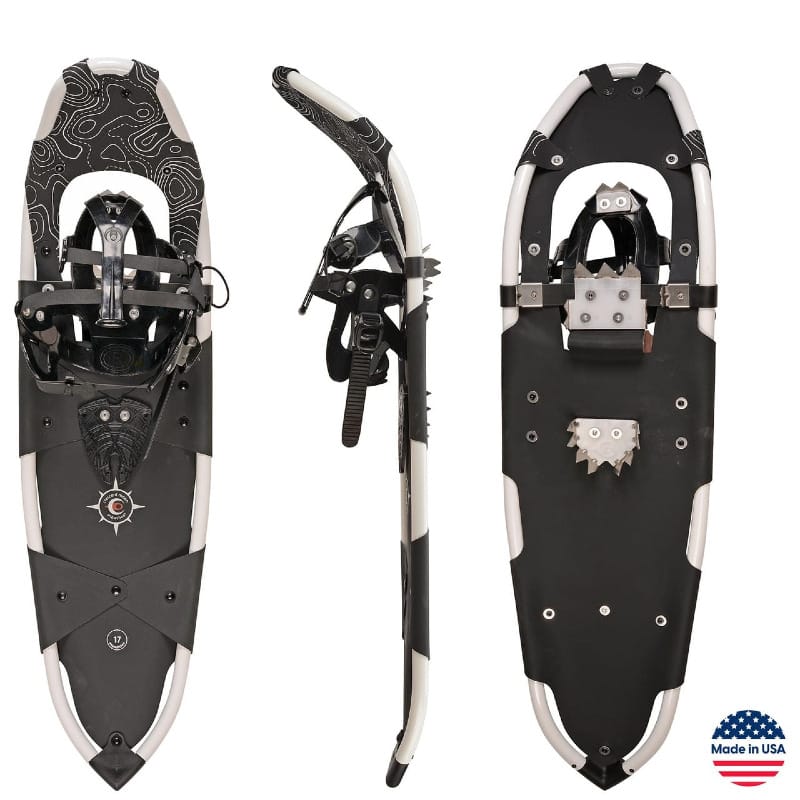 Crescent Moon Powder Ski Denali Snowshoes shown from multiple angles with oversized deck, durable bindings, and steel crampons designed for deep snow and backcountry winter travel.