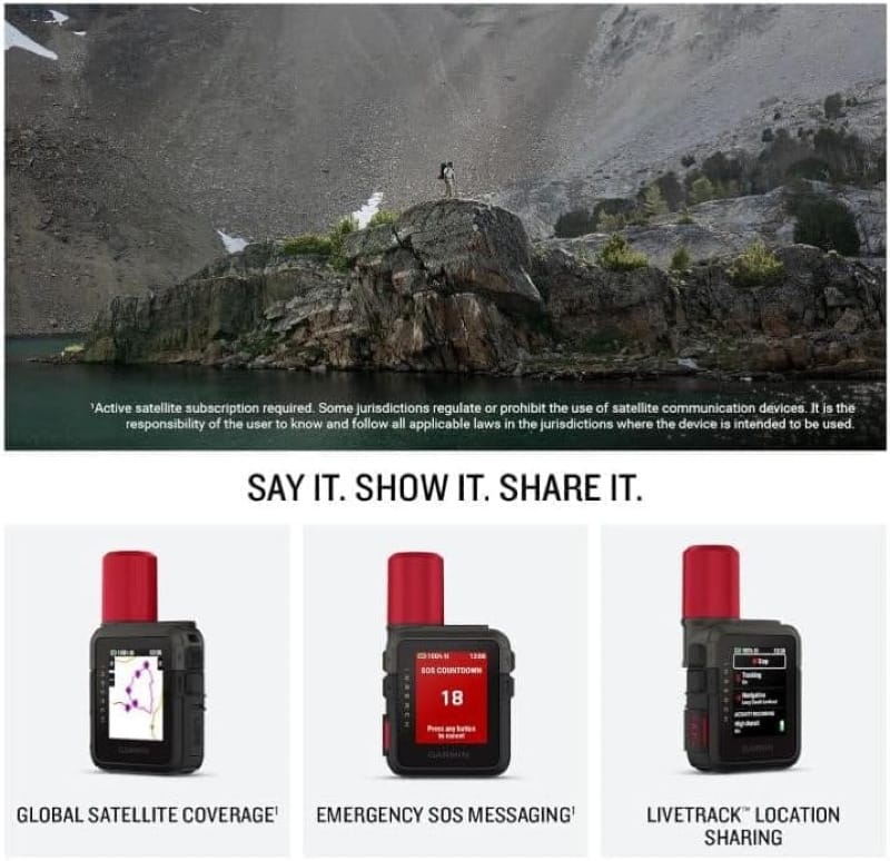 Garmin inReach Mini 3 Plus feature overview showing global satellite coverage, emergency SOS messaging, and LiveTrack location sharing for backcountry safety.