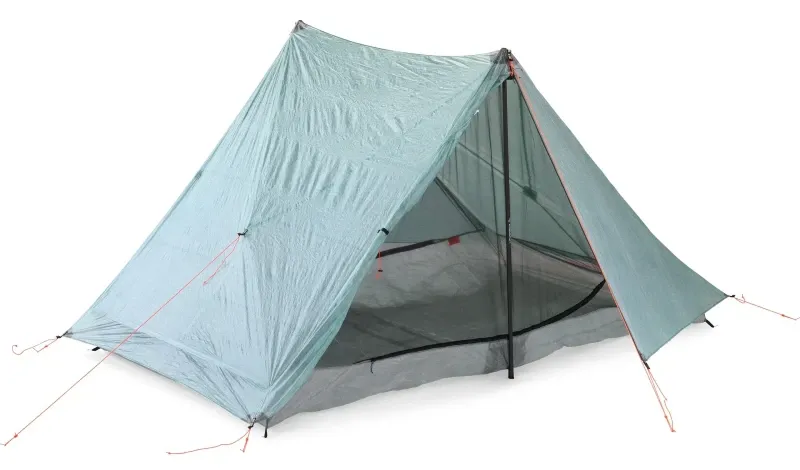 Hyperlite Mountain Gear Unbound 2 ultralight tent pitched with trekking poles on a white background