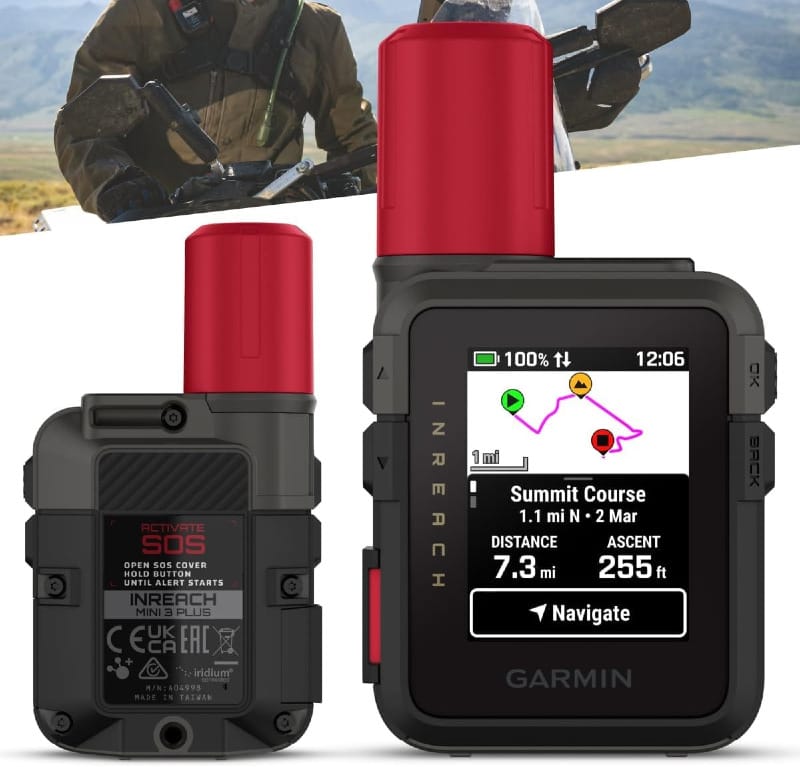 Front and back view of the Garmin inReach Mini 3 Plus satellite communicator, highlighting SOS button, navigation screen, and compact design for outdoor adventures.