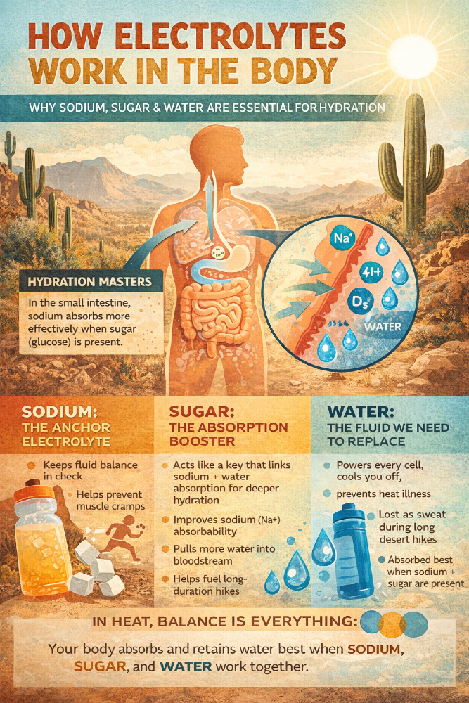 Infographic explaining how electrolytes work in the body, showing how sodium, sugar, and water improve hydration and absorption during hot weather hiking