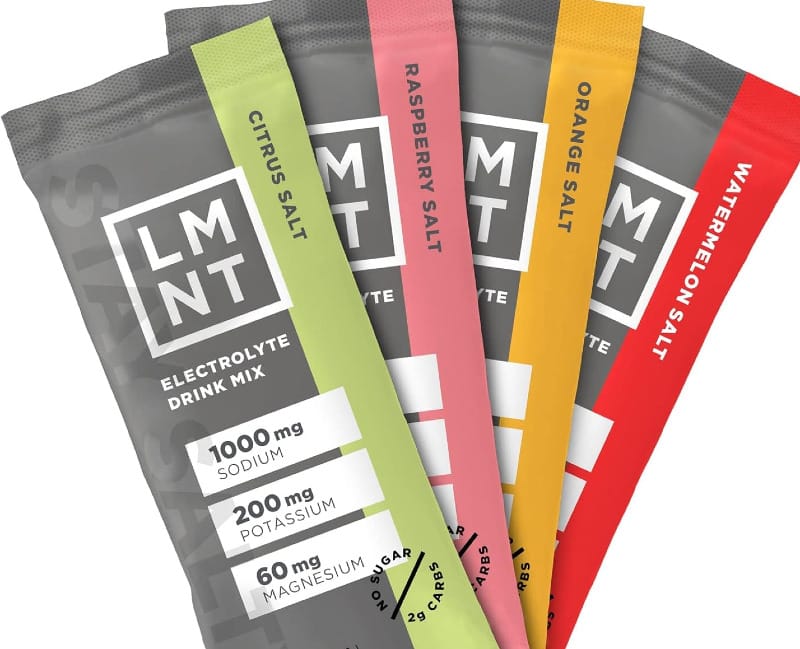 LMNT electrolyte drink mix packets with high sodium content for desert hiking, hot weather hydration, and heavy sweating