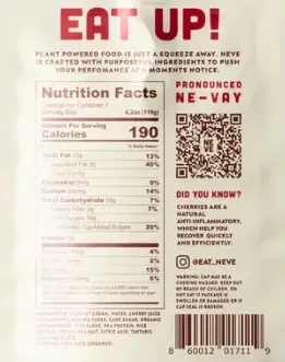 Back of a Neve Foods smoothie pouch showing the nutrition facts label and ingredient information.