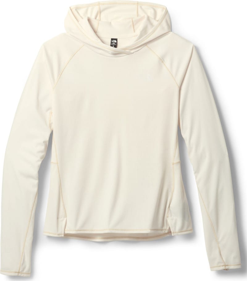 The North Face Sunriser Hoodie in off-white, featuring a lightweight long-sleeve sun hoodie design with an integrated hood for hiking and backpacking.