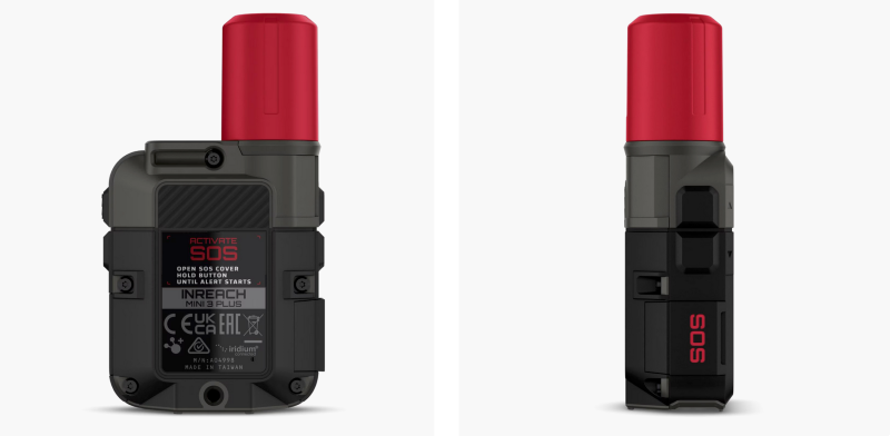 Side view of the Garmin inReach Mini 3 Plus highlighting the protected SOS button and compact safety-focused design.