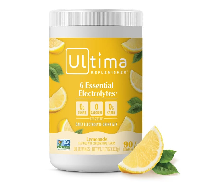 Ultima Replenisher lemonade electrolyte drink mix container showing sugar-free, zero-calorie hydration powder for hiking and hot weather