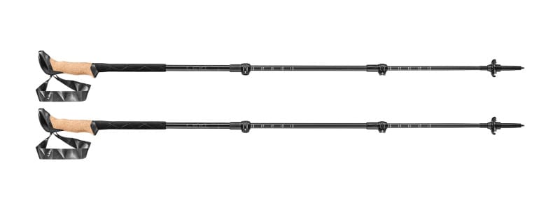 Pair of LEKI Black Series FX Carbon folding trekking poles displayed extended on gray background with cork handles, adjustable shafts, and wrist straps during 2026 sale promotion.
