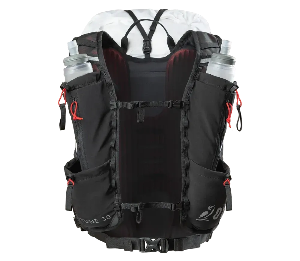 Outdoor Vitals Skyline 30 Fastpack shown front-facing with vest harness pockets, soft flasks, roll-top closure, and lightweight design for hiking and fastpacking.