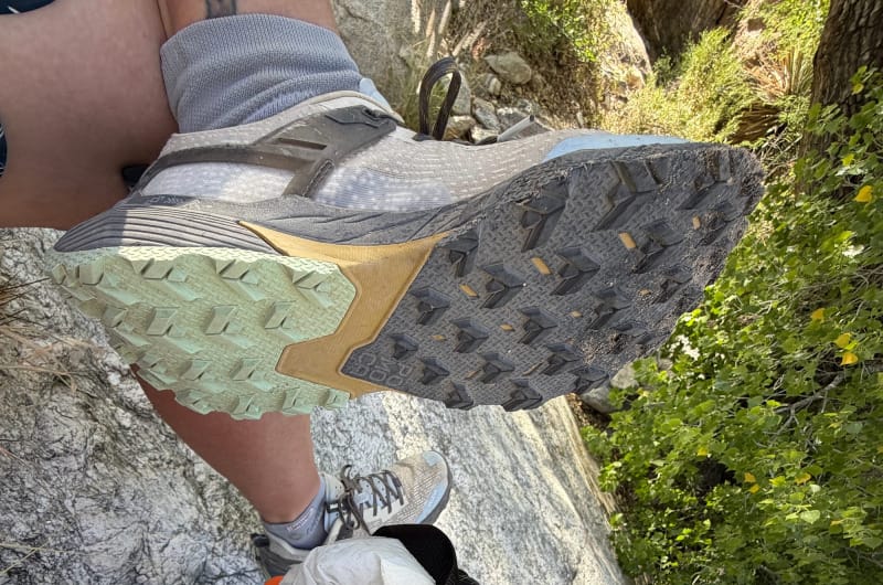 Close-up of the outsole tread on the Salewa Pedroc 2 hiking shoe during a rocky hike in the Arizona desert.