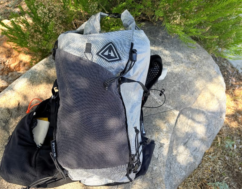 Detailed view of the Hyperlite Mountain Gear Pemi 15 Dyneema body fabric and ultralight construction during field testing.