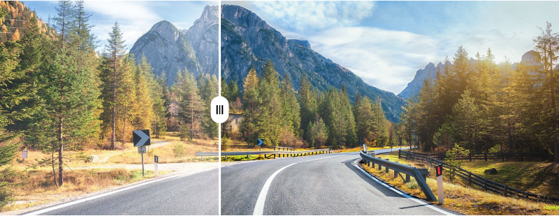 Side-by-side comparison showing improved contrast and color enhancement through premium sunglass lenses.