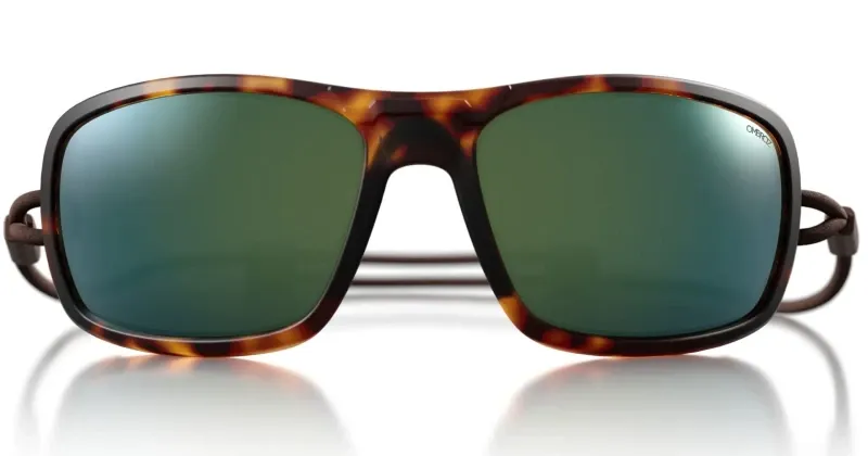 Ombraz Azzuro sunglasses with green mirrored lenses and tortoise frame featuring the Ombraz cord system.