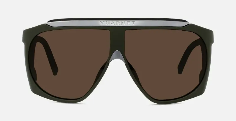 Vuarnet Altitude 01 sunglasses with brown lenses and a green frame designed for mountain and alpine use.