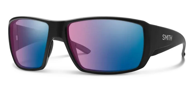 Smith Guide's Choice sunglasses with blue mirrored lenses and black frame displayed on a white background.