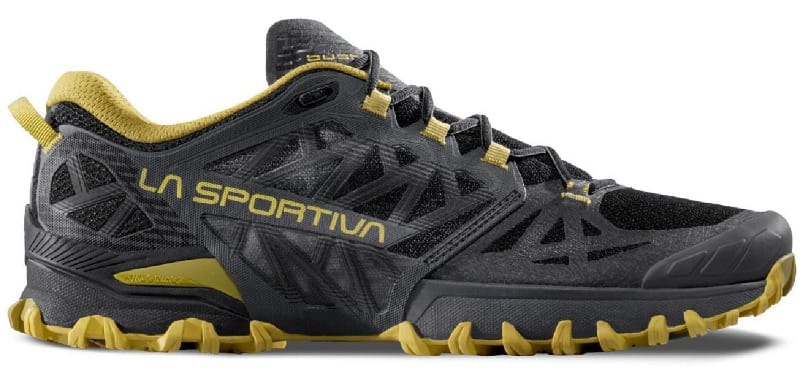 La Sportiva Bushido III trail running shoe in a black and yellow colorway, one of the best trail runners for technical hiking and rugged backpacking terrain in 2026.
