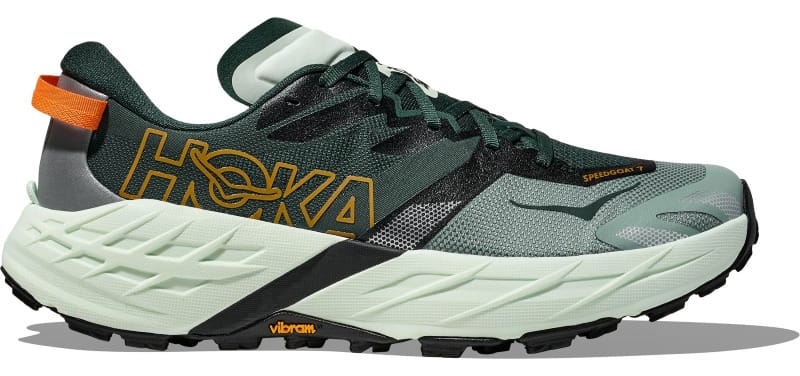 HOKA Speedgoat 7 trail running shoe in a green and black colorway, one of the best trail runners and hiking shoes for backpacking and desert hiking in 2026.