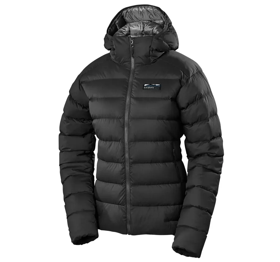 Black Katabatic Gear Tincup Down Jacket with insulated hood and large horizontal down baffles.