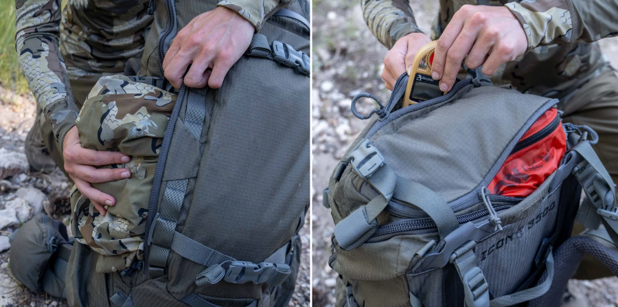 Close-up views of a KUIU hunting backpack being packed with backcountry gear.
