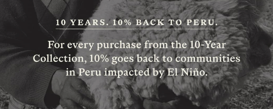 PAKA 10-year anniversary graphic announcing that 10% of collection purchases will support communities in Peru impacted by El Niño.
