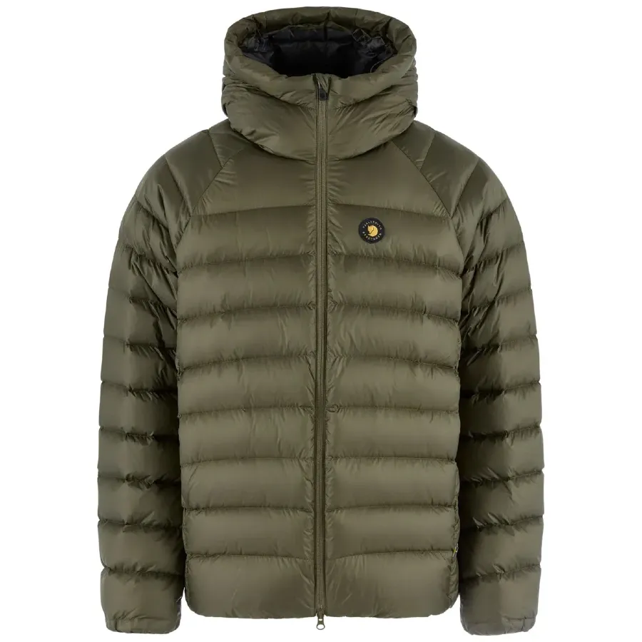Green Fjällräven Bergtagen Down Jacket with insulated hood, full front zipper, and horizontal down baffles.