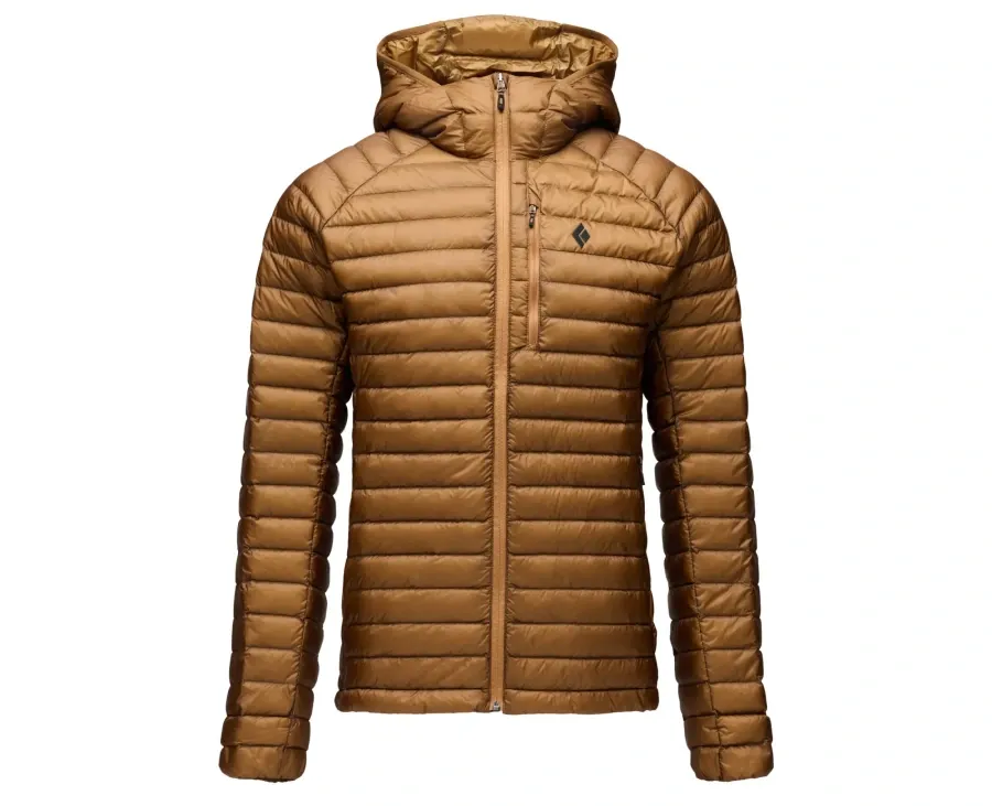 Brown Black Diamond Deploy Down 1.0 Hoody with fitted hood, chest pocket, and narrow down baffles.