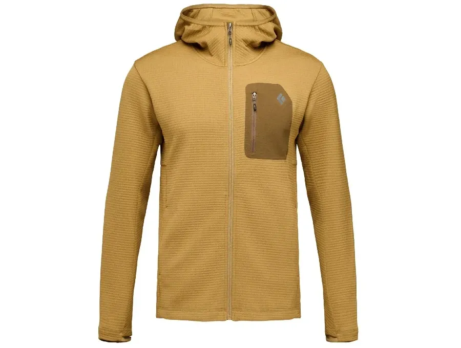 Mustard yellow Black Diamond Diverge Full-Zip Hoodie with hood, full-length zipper and zippered chest pocket.