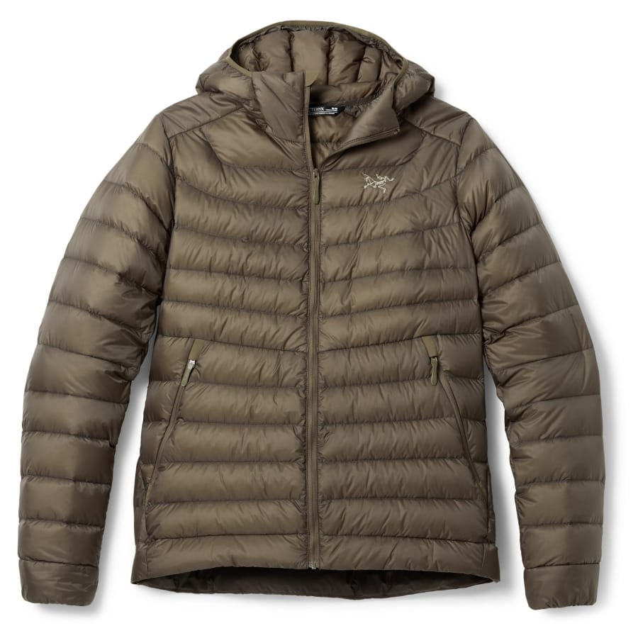 Brown Arc’teryx Cerium Down Hoody with insulated hood, zippered pockets, and horizontal baffles.