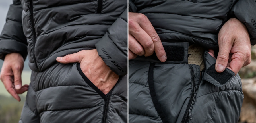 Close-up views of a black KUIU insulated pants showing the hand pocket and adjustable waist.