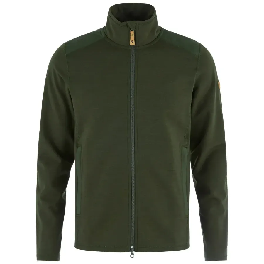 Dark green Fjällräven Keb Fleece full-zip hiking jacket with high collar and zippered hand pockets.