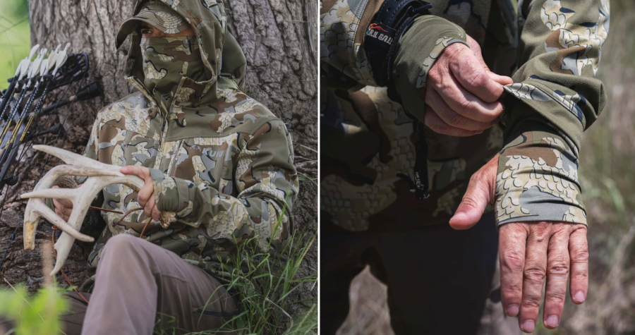 Hunter wearing KUIU camouflage technical apparel with close-up view of the sleeve and cuff.