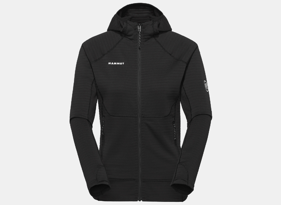 Black Mammut Taiss ML Hooded Jacket with full-length zipper, fitted hood, thumb loops and zippered hand pockets.