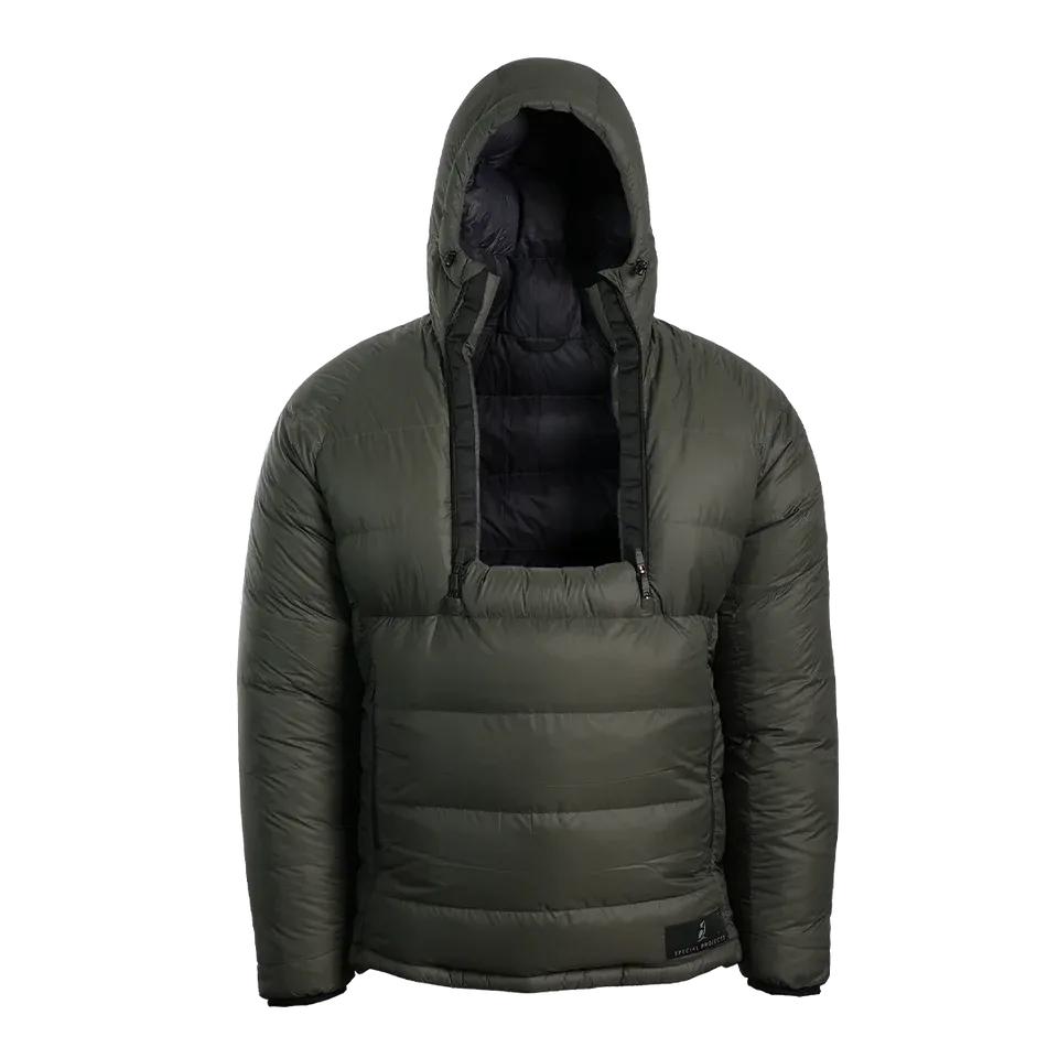 Outdoor Vitals Resolve Down Anorak shown open, revealing the insulated interior and front access design.