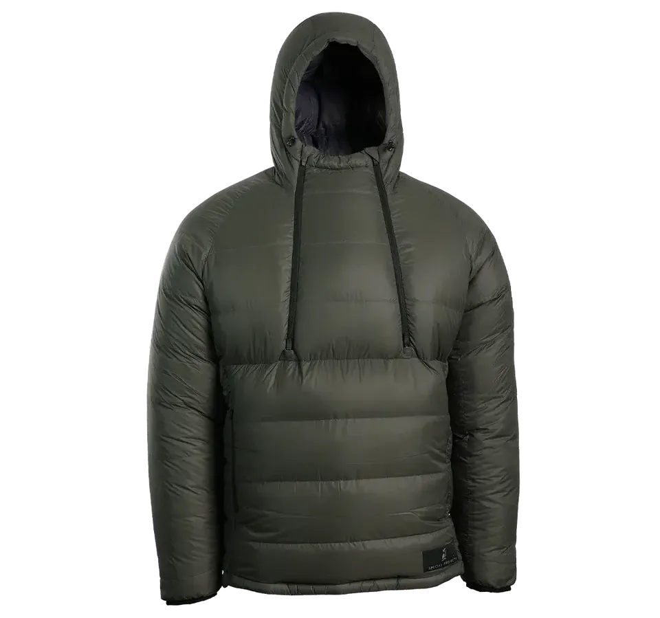Outdoor Vitals Resolve Down Anorak with hood and insulated front panel fully closed.