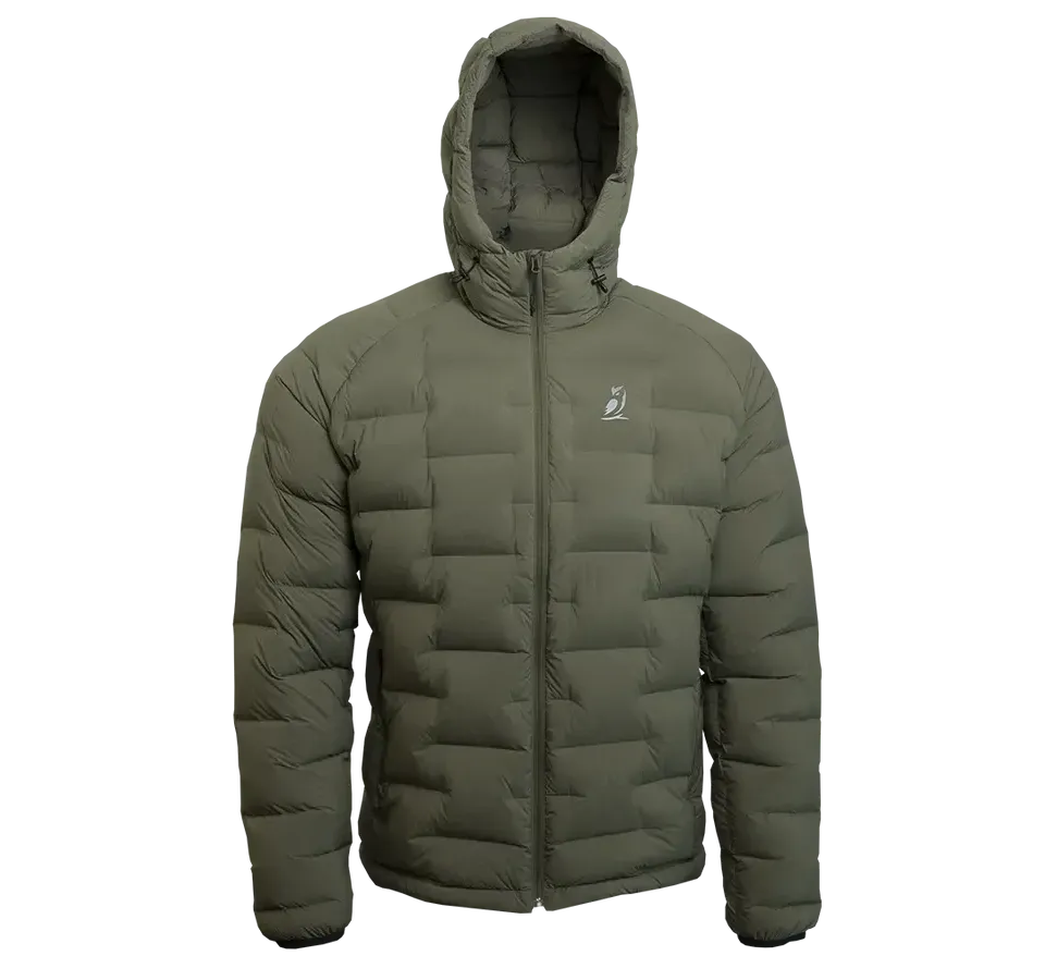 Green Outdoor Vitals Vantage Alpine Down Jacket with insulated hood and horizontal down baffles.