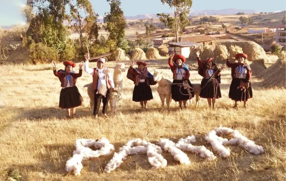 Members of a Peruvian community standing with alpacas in an Andean landscape connected to PAKA’s alpaca wool production.
