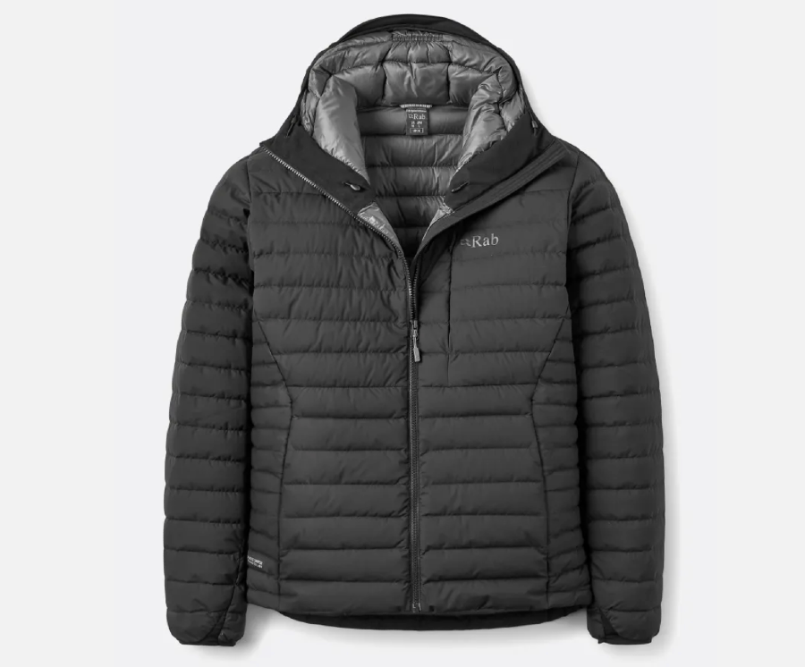 Black Rab Microlight Windstopper Down Jacket with hood and horizontal down baffles.