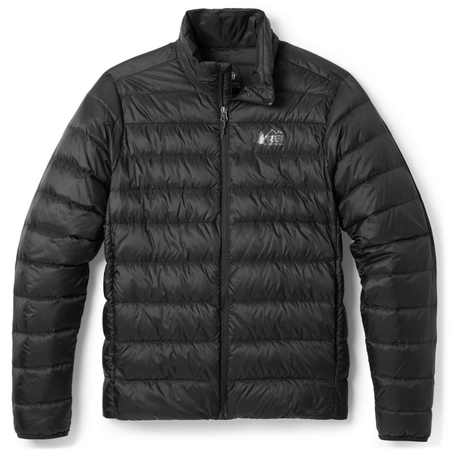 Black REI Co-op 650 Down Jacket with stand collar, full front zipper, and horizontal baffles.