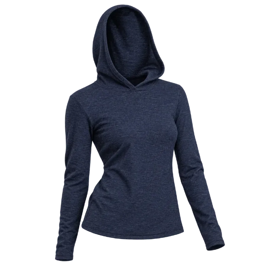 Women's Arms of Andes 300 alpaca wool hiking hoodie in heathered navy blue with long sleeves and a fitted pullover design.