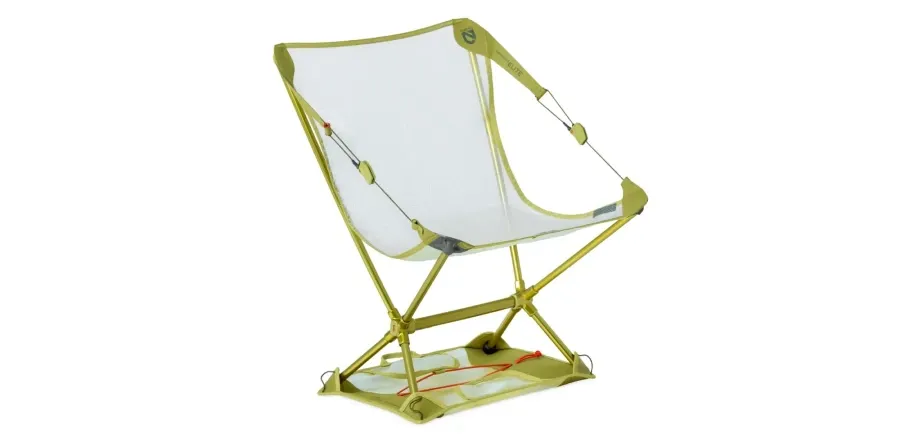 NEMO Moonlite Elite ultralight backpacking chair with white mesh seat, lime green aluminum frame, adjustable reclining cords, and compact support base.