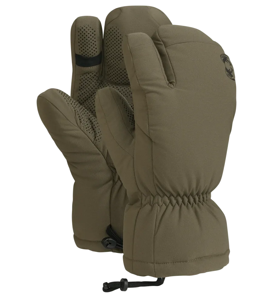 Pair of olive green KUIU Super Down PRO Glassing Glomitts showing insulated mitten covers, separated finger compartments, textured palms, and adjustable wrist cords.
