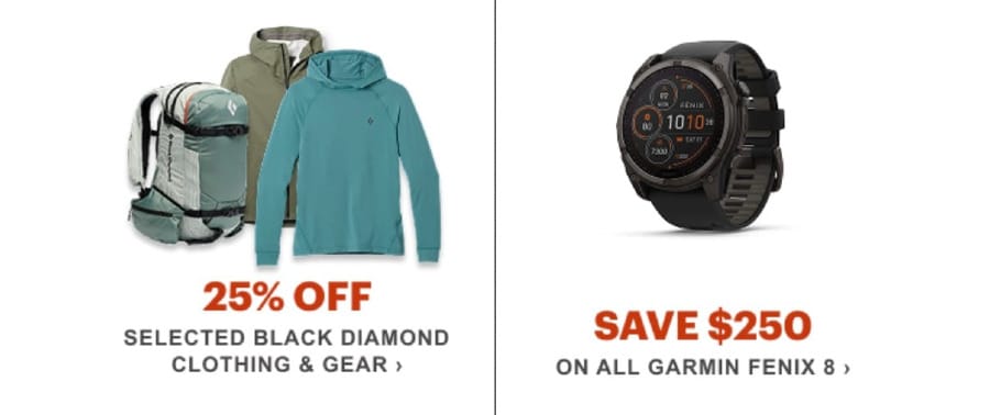 REI Holiday Sale promotional graphic showing 25% off select Black Diamond clothing and gear and $250 savings on Garmin Fenix 8 GPS watches.