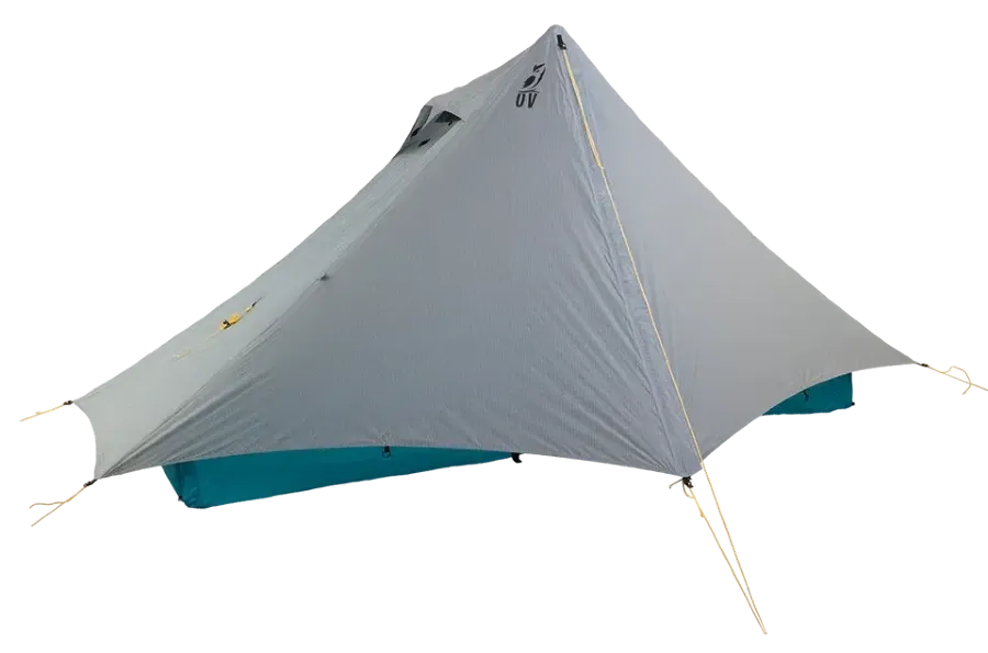 Gray Outdoor Vitals CIRQ ultralight trekking pole tent with a peaked shelter design, yellow guylines, and teal lower panels.