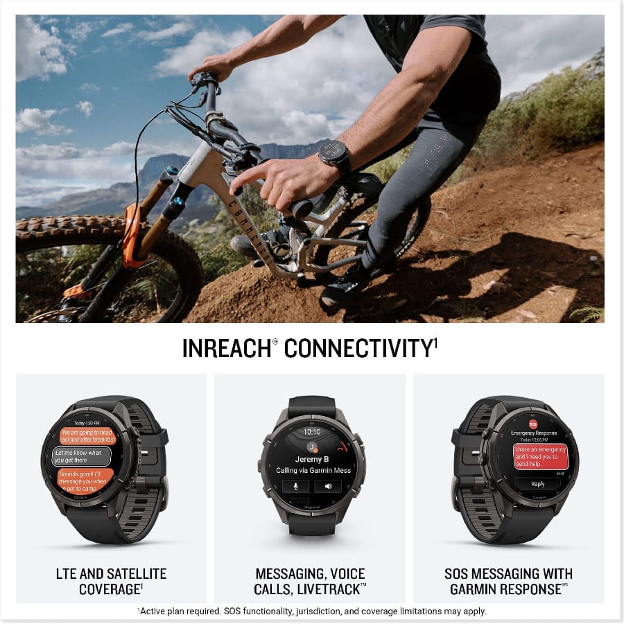 Garmin promotional graphic showing a mountain biker wearing a fēnix smartwatch alongside LTE and satellite messaging, voice calling, and SOS communication features.