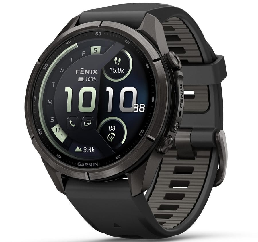 Garmin fēnix 9 Pro inReach GPS smartwatch with dark titanium-colored case, black silicone band, and customizable digital watch face.