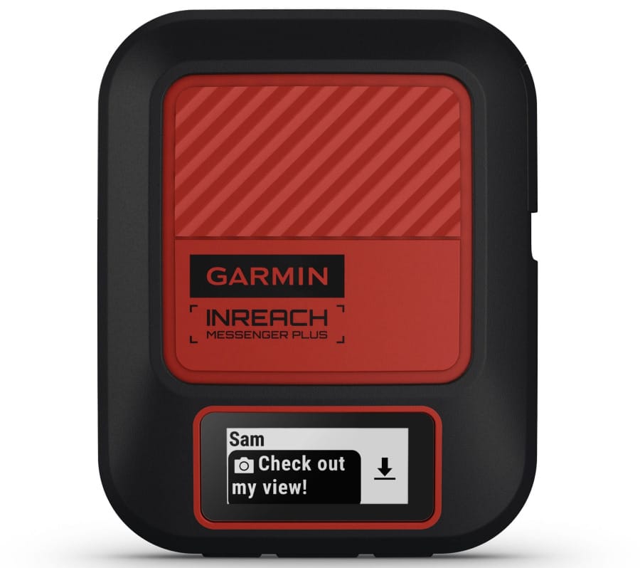 Red and black Garmin inReach Messenger+ satellite communicator with a small display showing an incoming photo message.