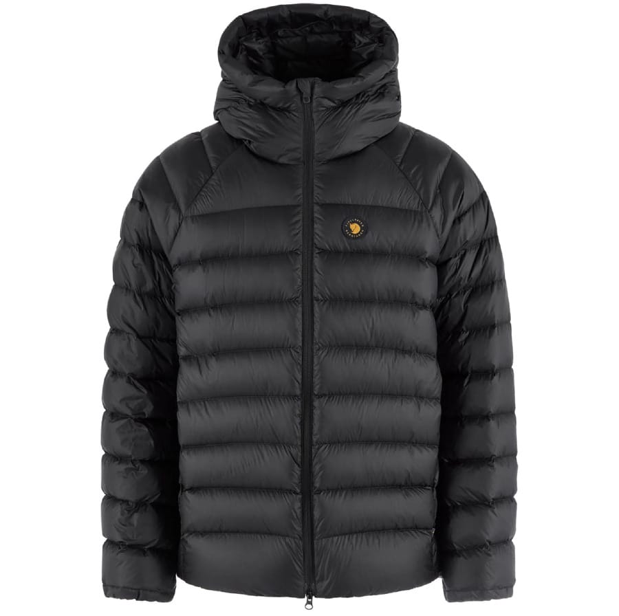 Black Fjällräven Bergtagen Down Jacket with insulated baffles, full-length front zipper, adjustable hood, and Fjällräven chest logo.