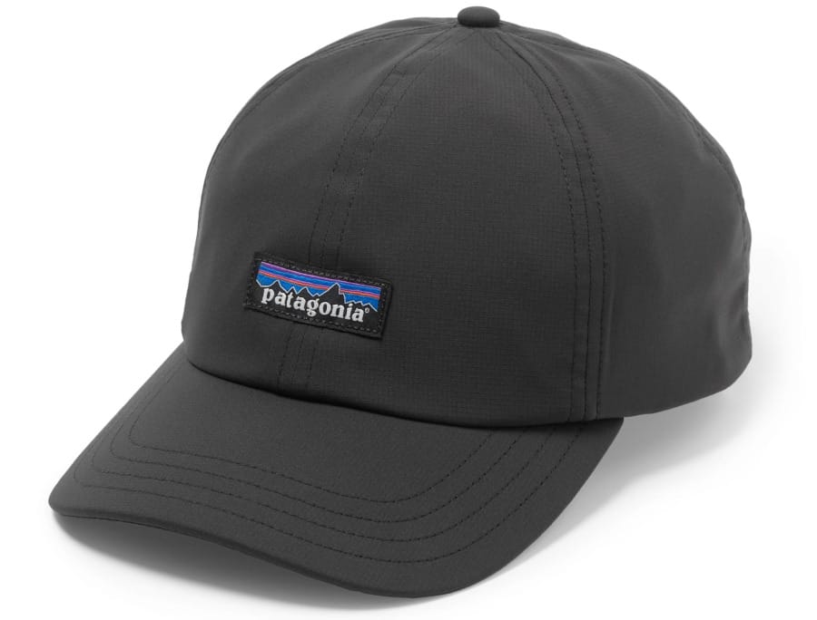 Black Patagonia Terrebonne hiking hat with curved brim, six-panel construction, and rectangular Patagonia logo patch on the front.